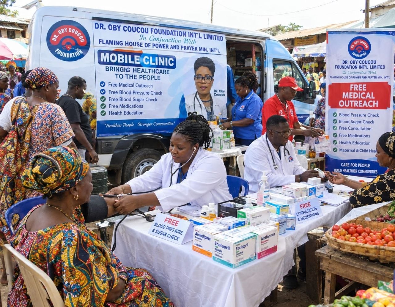 Mobile diagnostic camp with health workers and community queue