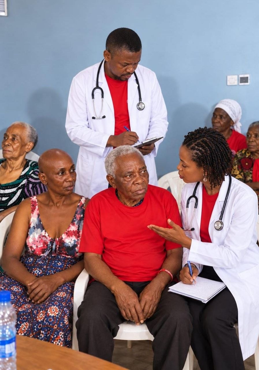 Dr. Oby Coucou and clinical team conducting diagnostic and geriatric consultation for a community elder